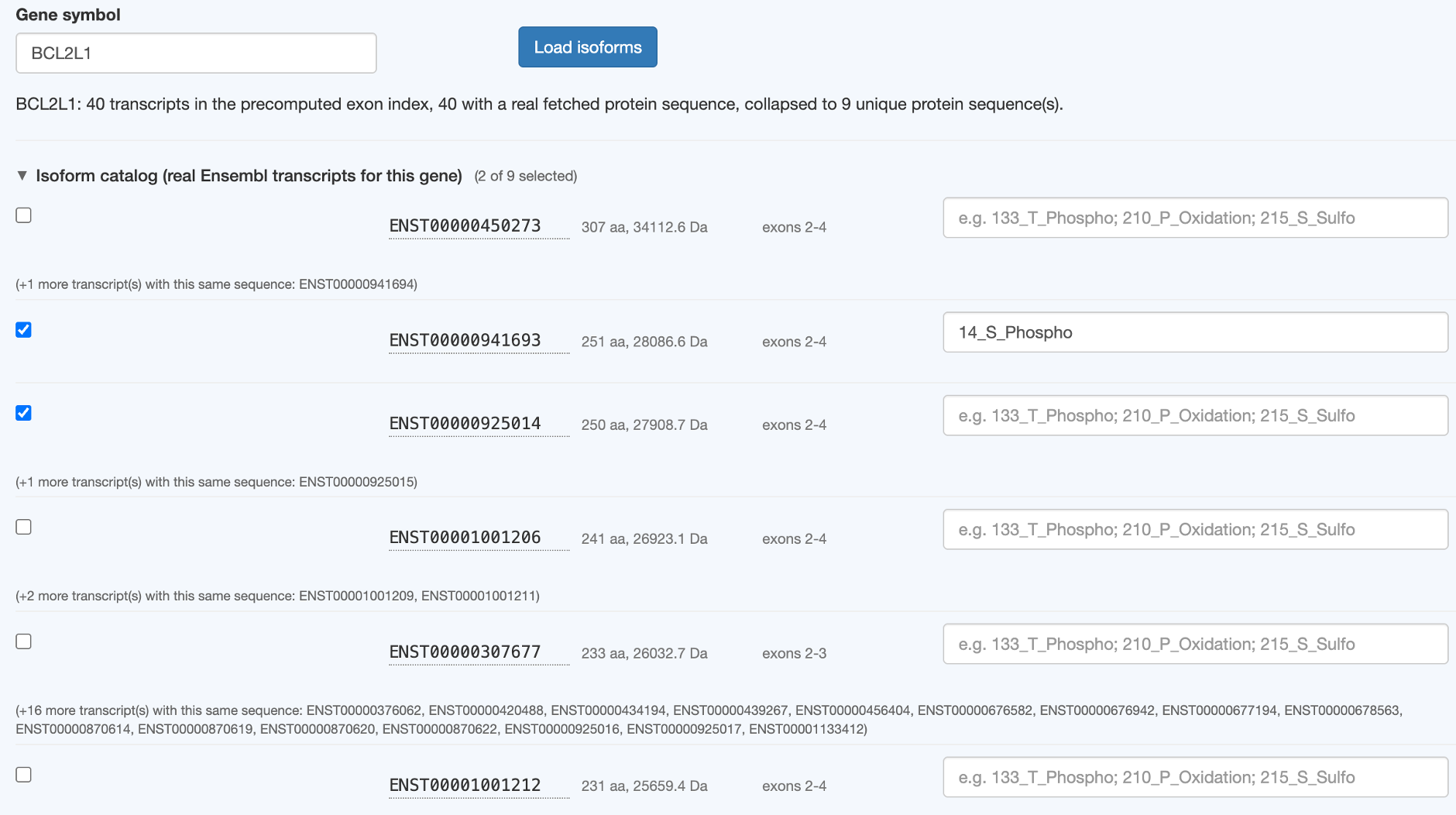 Isoform catalog with a PTM entered