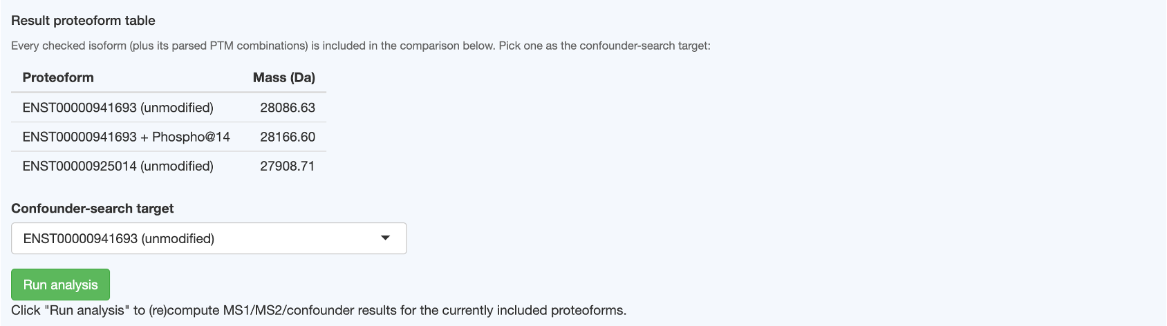 Proteoform table showing the PTM row
