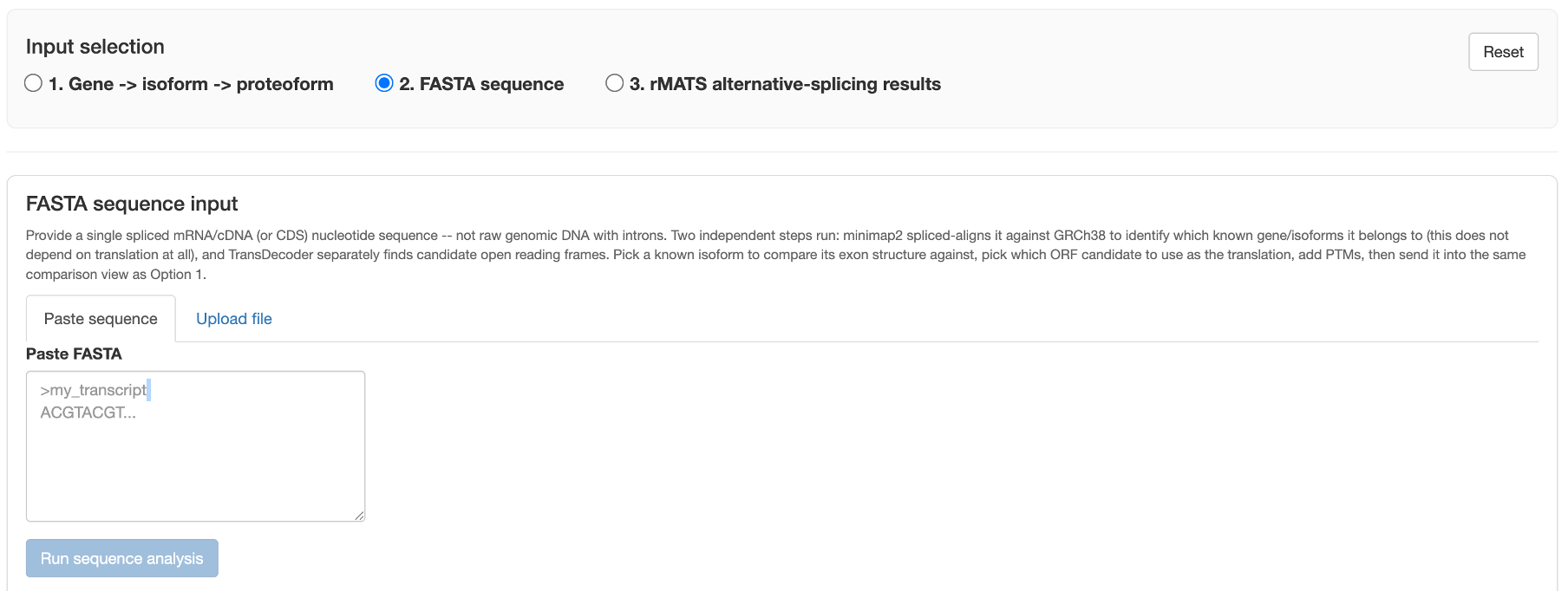 FASTA sequence input